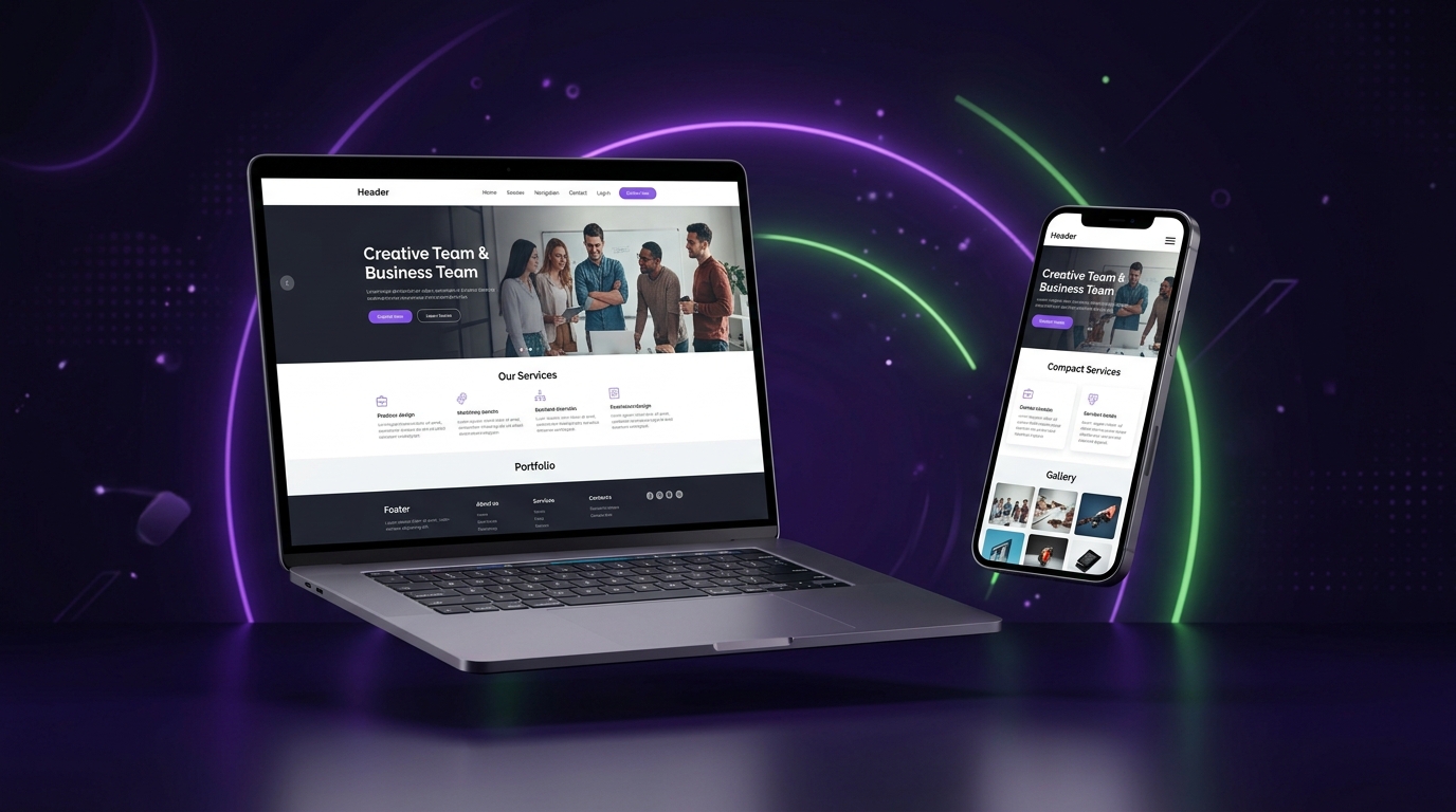 Beautiful responsive web dev mockup on laptop and mobile screens, showing purple and green visual layouts.